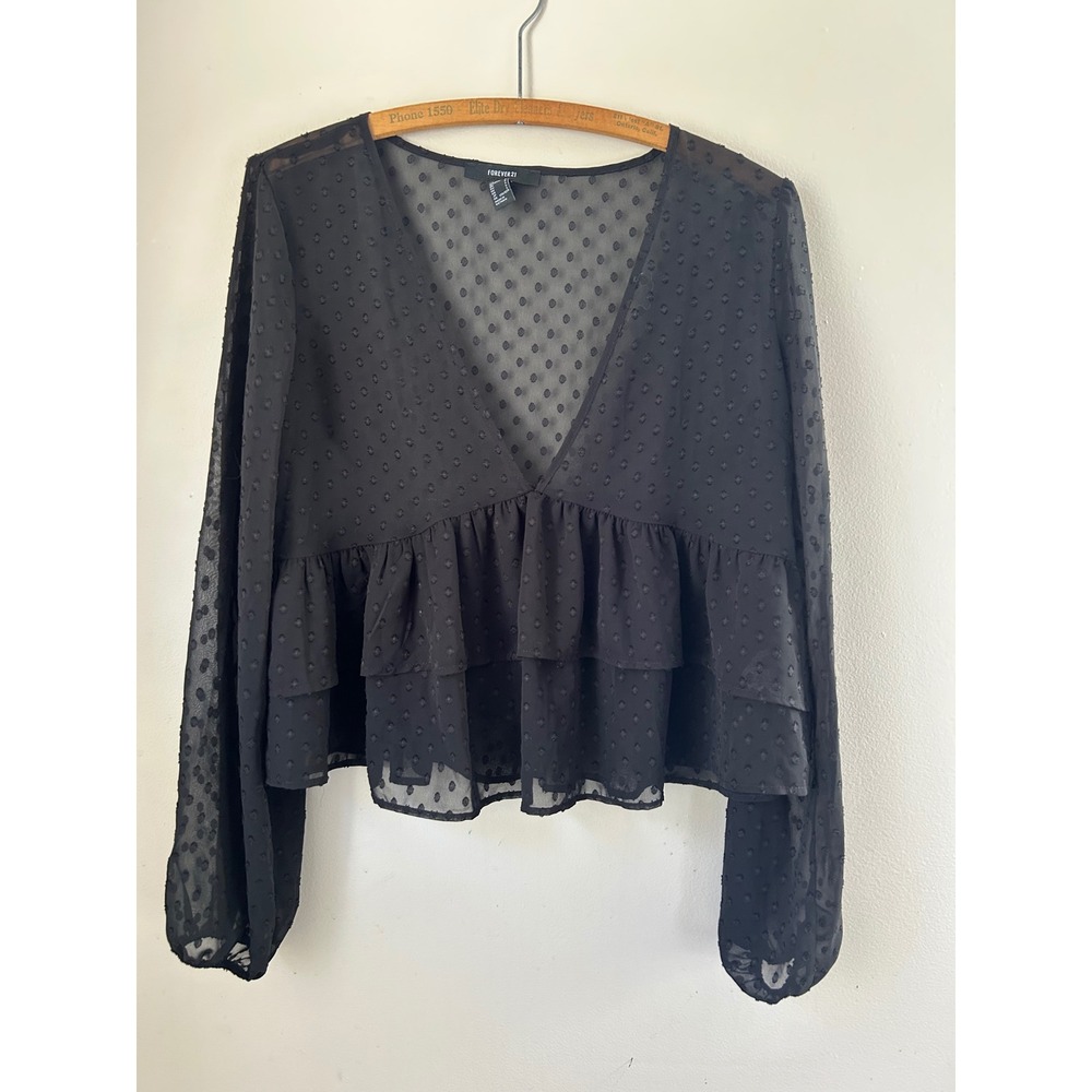 Forever 21 Black Swiss Dot Sheer  Ruffle Babydoll Size L Whimsigoth Romantic‎